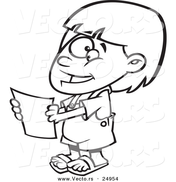Vector of a Cartoon Happy Girl Holding a Report - Outlined Coloring Page