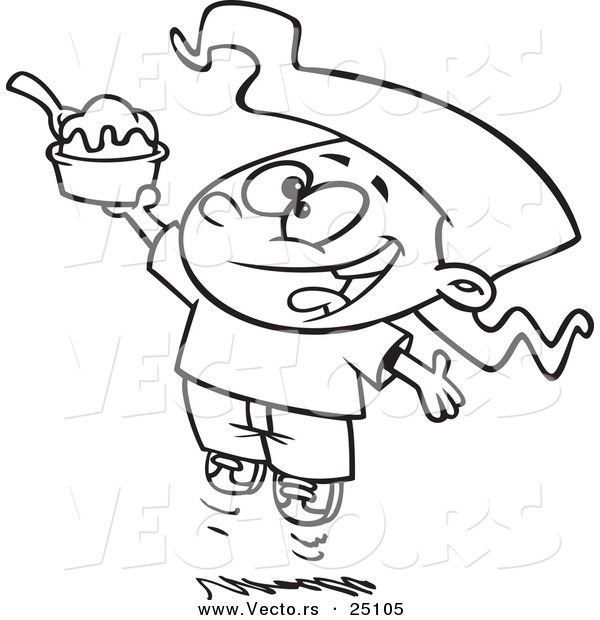 Vector of a Cartoon Happy Girl Jumping with an Ice Cream Sundae - Coloring Page Outline