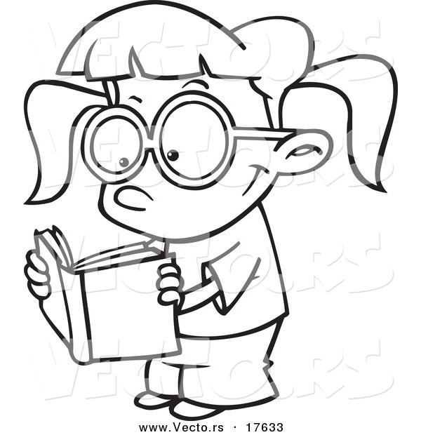 Vector of a Cartoon Happy Girl Reading - Coloring Page Outline