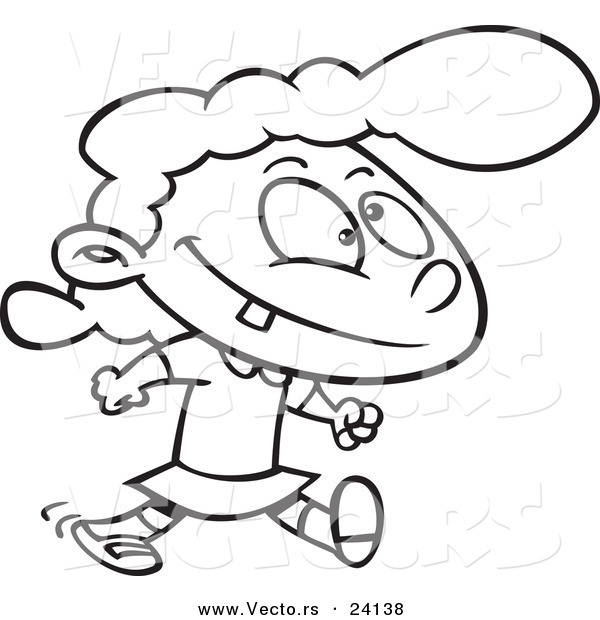 Vector of a Cartoon Happy Girl Walking - Coloring Page Outline