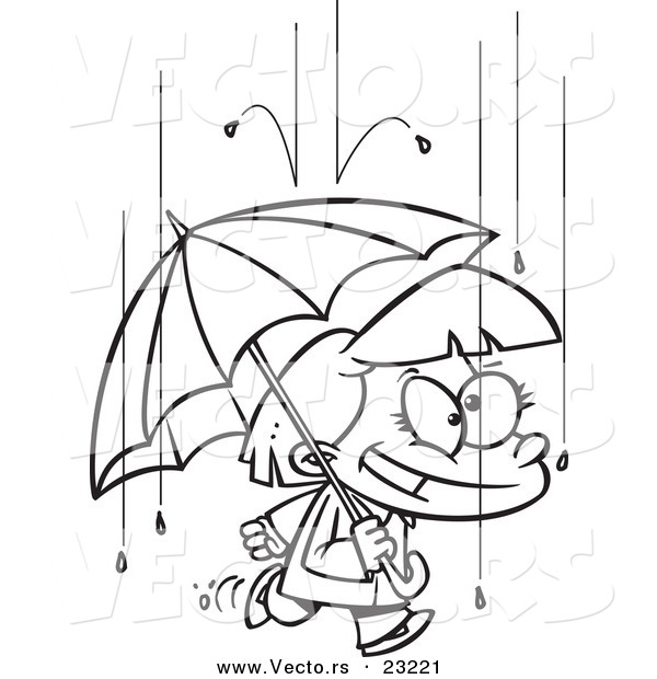 Vector of a Cartoon Happy Girl with an Umbrella in the Rain - Coloring Page Outline