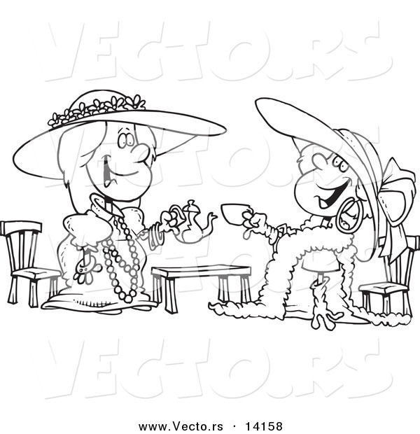 Vector of a Cartoon Happy Girls Playing Dress up at Tea Time - Coloring Page Outline