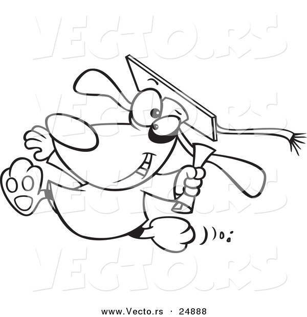 Vector of a Cartoon Happy Graduate Dog Running with a Diploma - Outlined Coloring Page