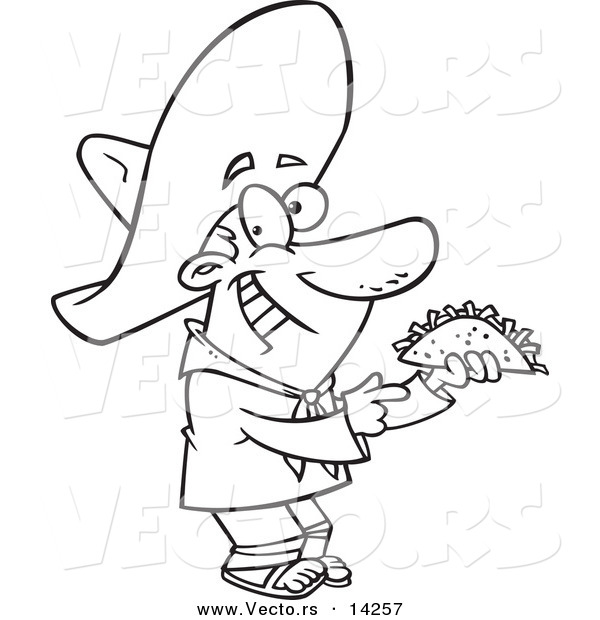 Vector of a Cartoon Happy Hispanic Man Holding a Taco - Coloring Page Outline