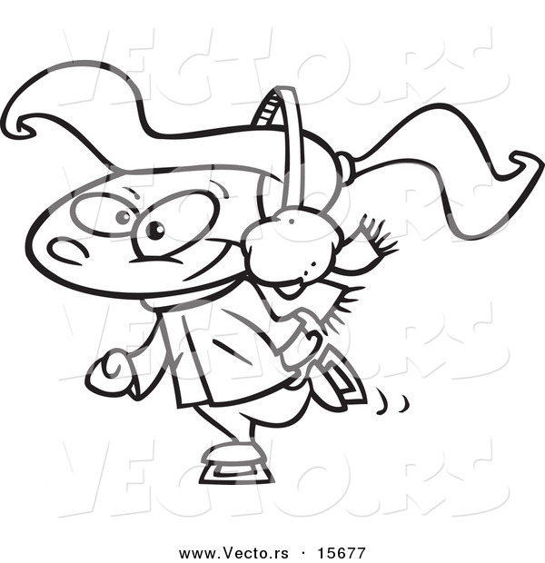 Vector of a Cartoon Happy Ice Skating Girl - Coloring Page Outline