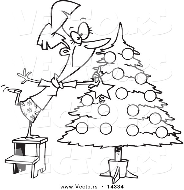 Vector of a Cartoon Happy Lady Decorating a Christmas Tree - Coloring Page Outline