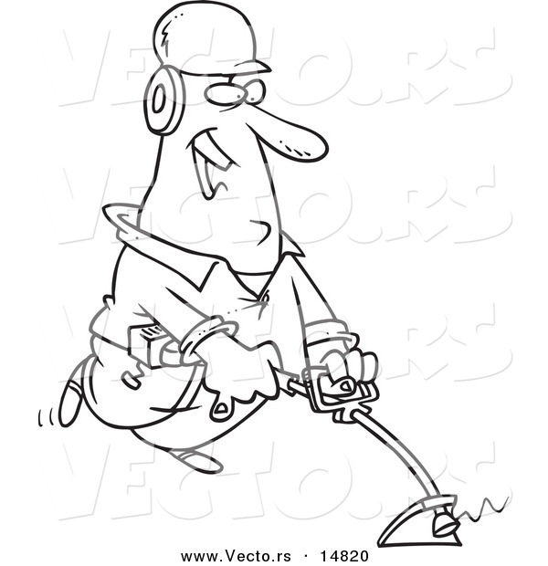 Vector of a Cartoon Happy Landscaper Using a Weed Wacker - Coloring Page Outline