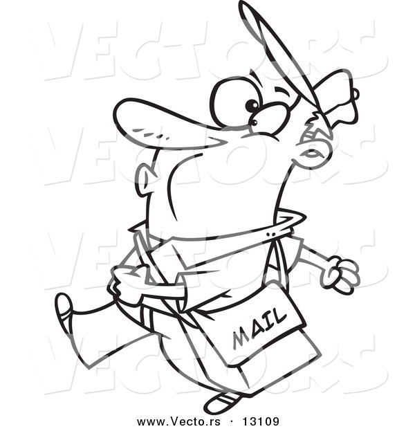 Vector of a Cartoon Happy Mail Man Walking and Whistling - Outlined Coloring Page