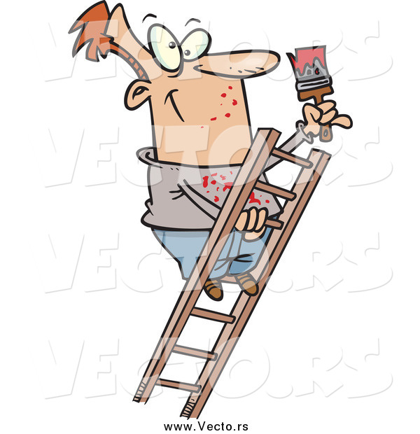 Vector of a Cartoon Happy Male Painter Climbing a Ladder