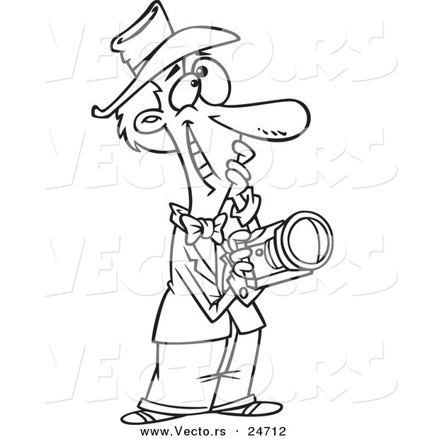 Vector of a Cartoon Happy Male Photographer Thinking - Outlined Coloring Page