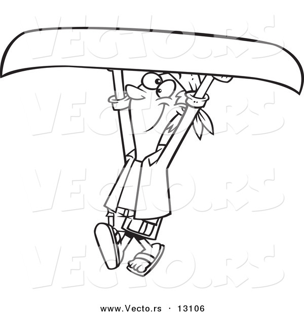 Vector of a Cartoon Happy Man Carrying a Canoe Above His Head - Outlined Coloring Page