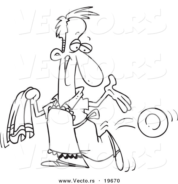 Vector of a Cartoon Happy Man Drying the Dishes - Outlined Coloring Page