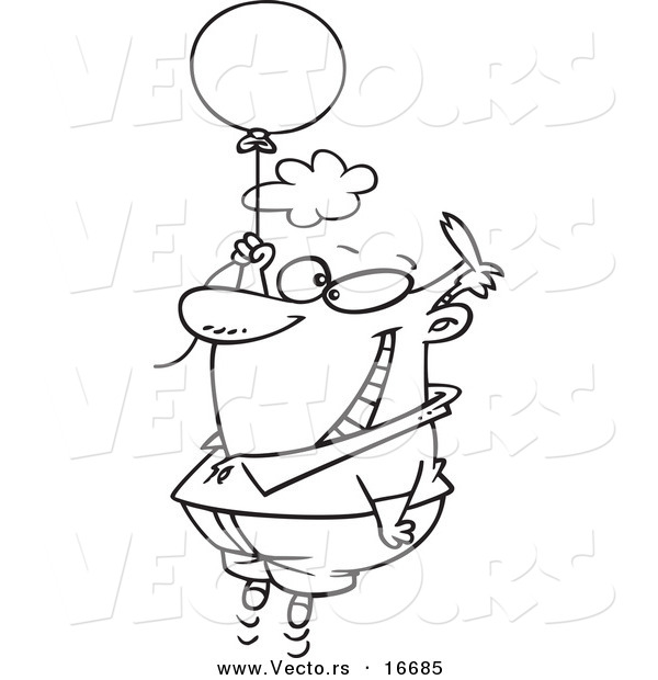 Vector of a Cartoon Happy Man Floating with a Balloon - Outlined Coloring Page Drawing