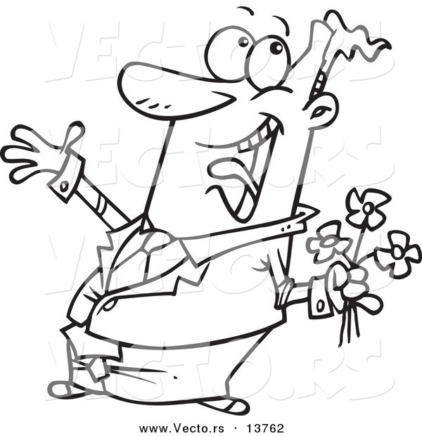 Vector of a Cartoon Happy Man Holding Flowers - Coloring Page Outline