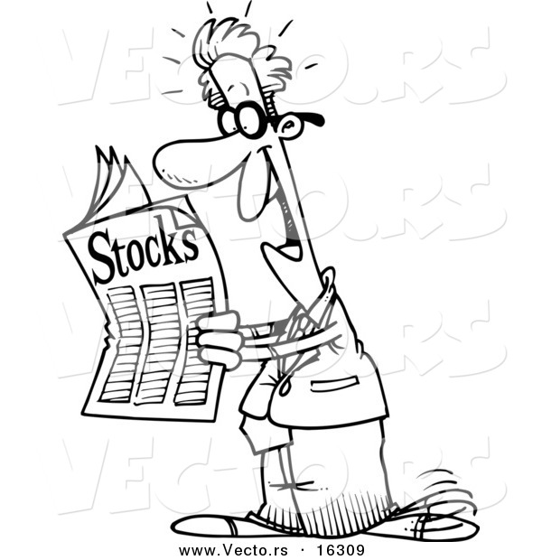 Vector of a Cartoon Happy Man Reading the Stocks Pages - Outlined Coloring Page Drawing
