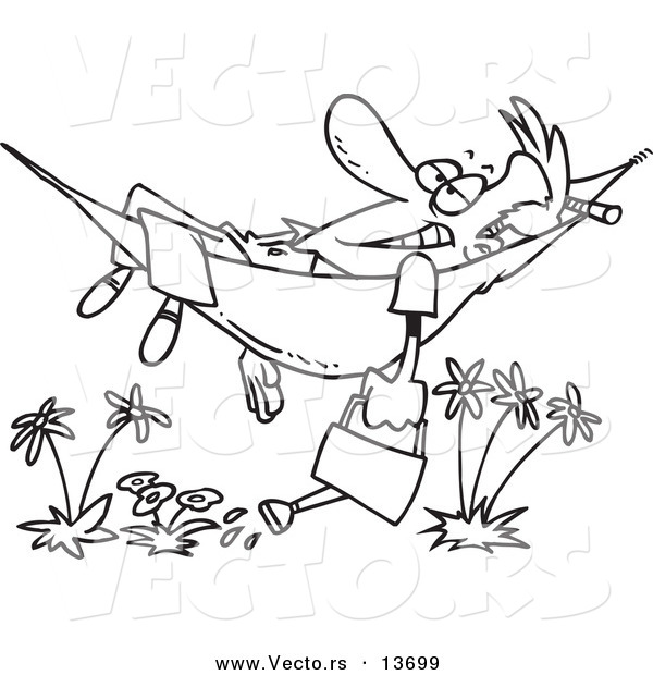 Vector of a Cartoon Happy Man Relaxing in a Hammock and Watering His Flowers - Coloring Page Outline