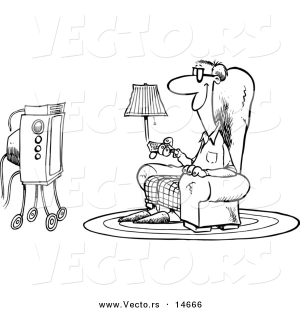 Vector of a Cartoon Happy Man Sitting in a Chair and Watching Tv - Coloring Page Outline