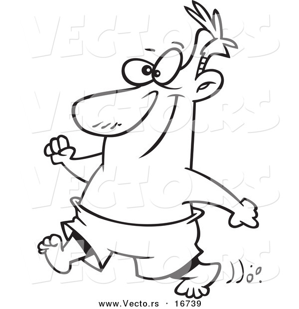 Vector of a Cartoon Happy Man Strolling on a Beach - Outlined Coloring Page Drawing
