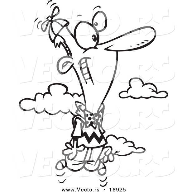 Vector of a Cartoon Happy Man Wearing a Flying Beanie Hat - Coloring Page Outline
