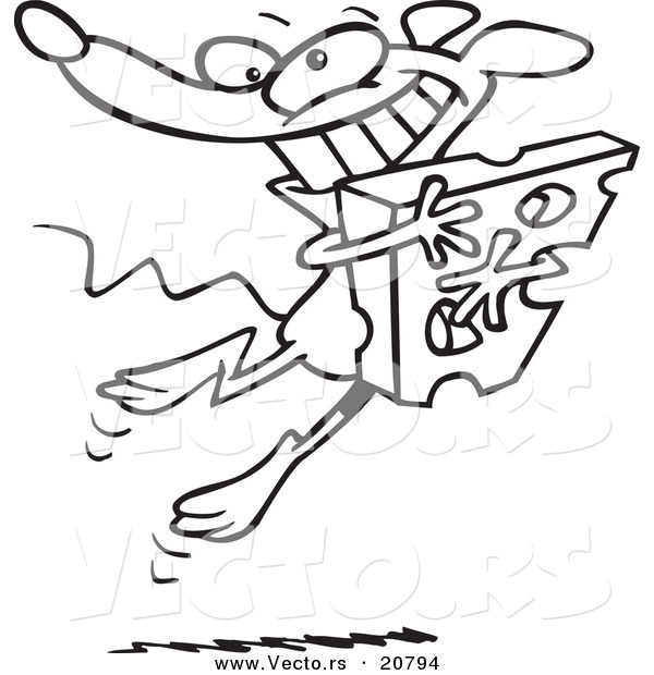 Vector of a Cartoon Happy Mouse Hugging Cheese - Coloring Page Outline