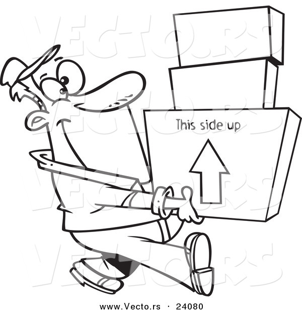 Vector of a Cartoon Happy Mover Man Carrying Boxes - Coloring Page Outline