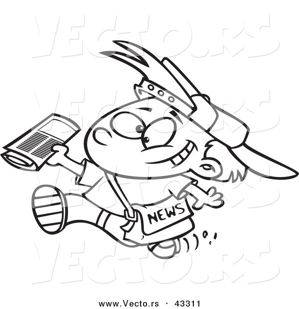 Vector of a Cartoon Happy Paperboy Quickly Delivering Newspapers - Coloring Page Outline