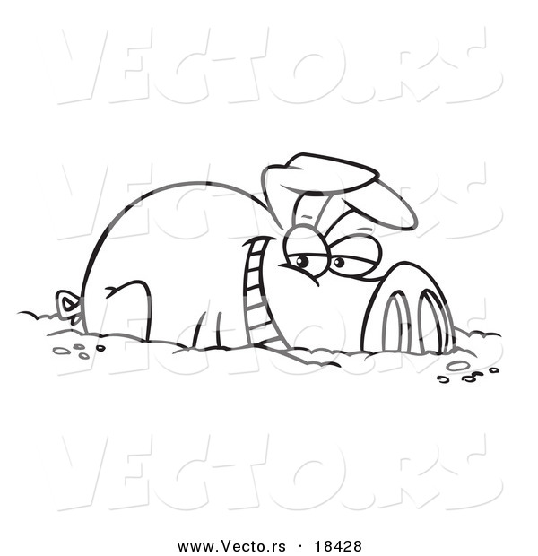 Vector of a Cartoon Happy Pig in a Mud Puddle - Outlined Coloring Page