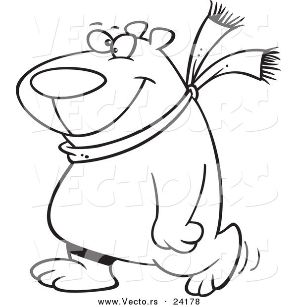 Vector of a Cartoon Happy Polar Bear Wearing a Scarf and Walking Upright - Coloring Page Outline
