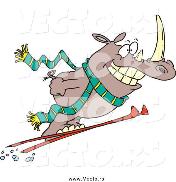 Vector of a Cartoon Happy Skiing Rhino Catching Air