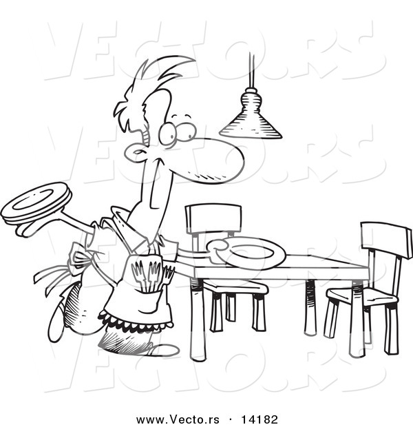 Vector of a Cartoon Happy Stay at Home Dad Setting the Dinner Table - Coloring Page Outline