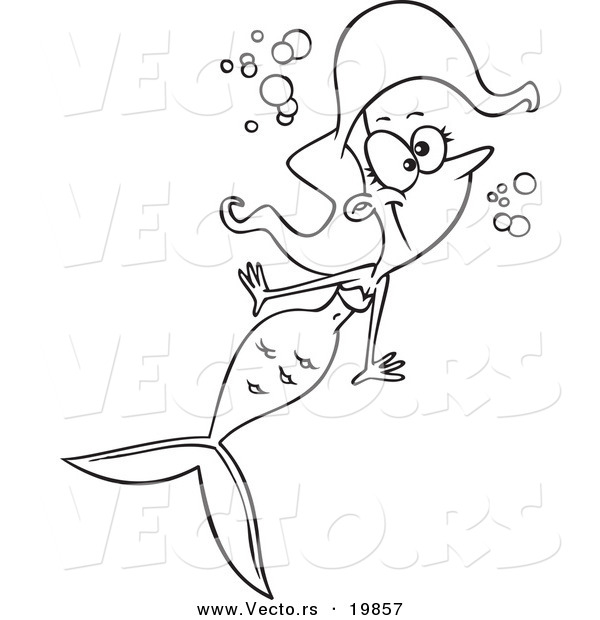 Vector of a Cartoon Happy Swimming Mermaid - Outlined Coloring Page
