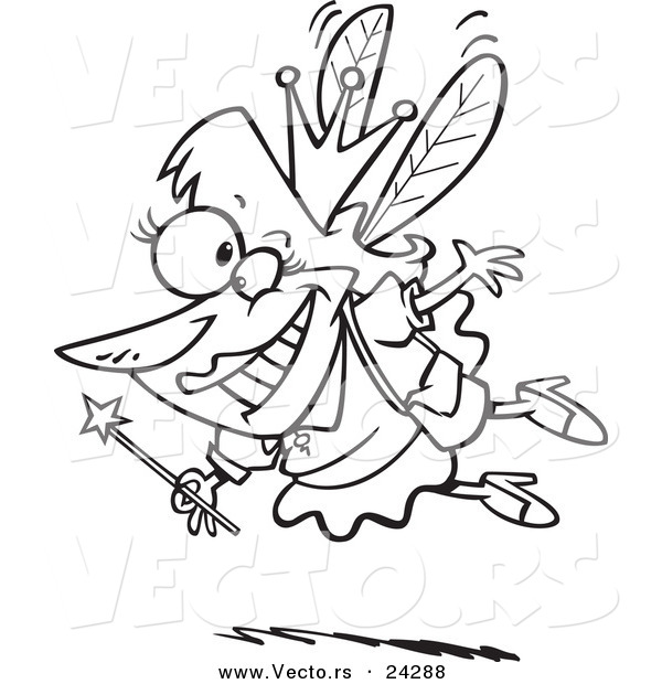 Vector of a Cartoon Happy Tooth Fairy Black and White Outline - Outlined Coloring Page