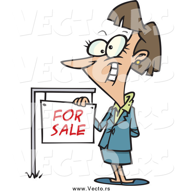 Vector of a Cartoon Happy White Brunette Female Realtor by a for Sale Sign