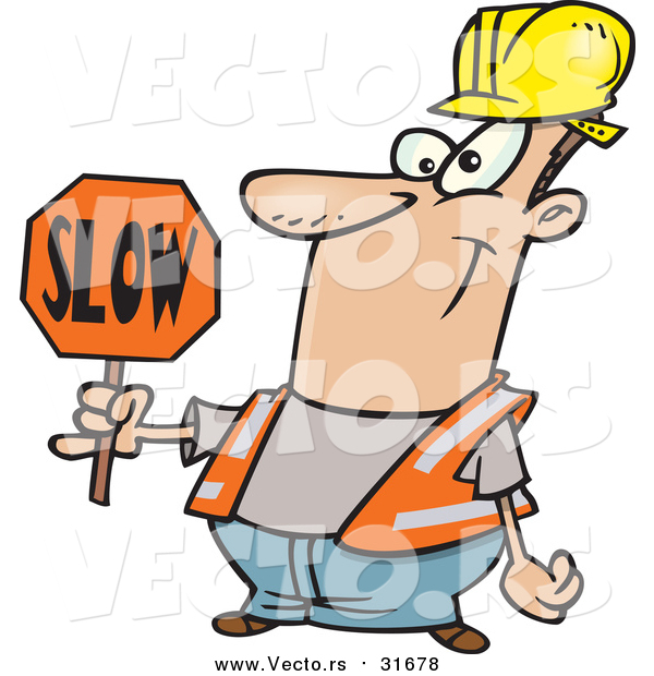Vector of a Cartoon Happy White Male Construction Worker Slowing down Traffic