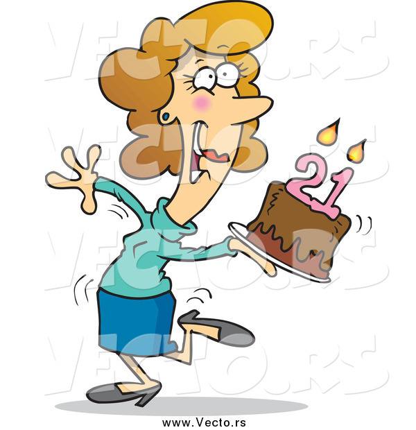 Vector of a Cartoon Happy White Woman Carrying a Birthday Cake with 21 Candles