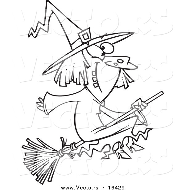 Vector of a Cartoon Happy Witch on Her Broomstick - Outlined Coloring Page Drawing