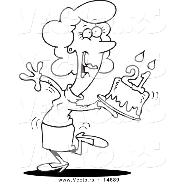 Vector of a Cartoon Happy Woman Carrying a Birthday Cake with 21 Candles - Coloring Page Outline