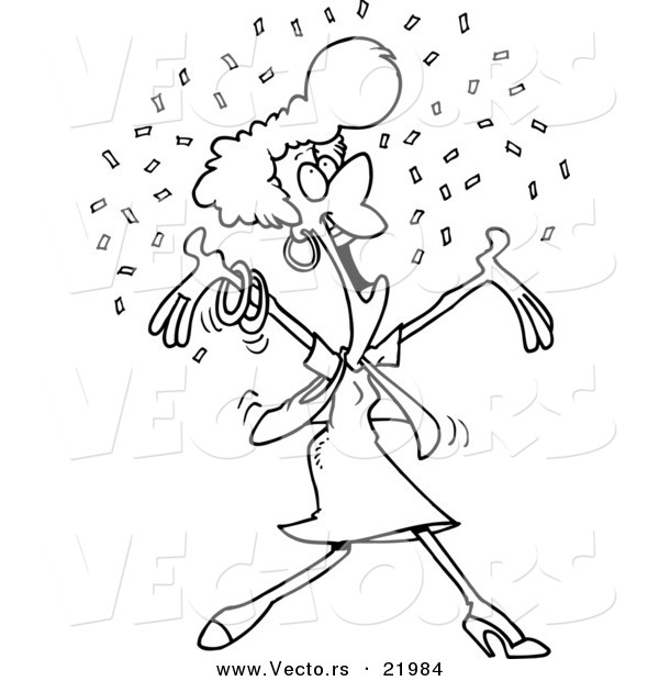 Vector of a Cartoon Happy Woman in Confetti - Outlined Coloring Page