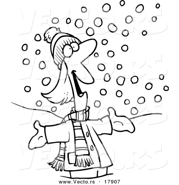 Vector of a Cartoon Happy Woman in the Snow - Outlined Coloring Page