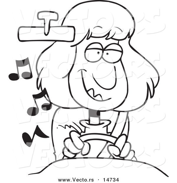 Vector of a Cartoon Happy Woman Listening to Music While Driving a Car - Coloring Page Outline
