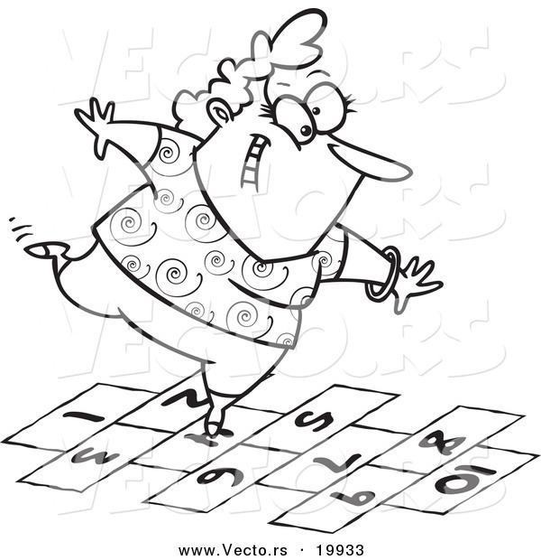Vector of a Cartoon Happy Woman Playing Hopscotch - Outlined Coloring Page