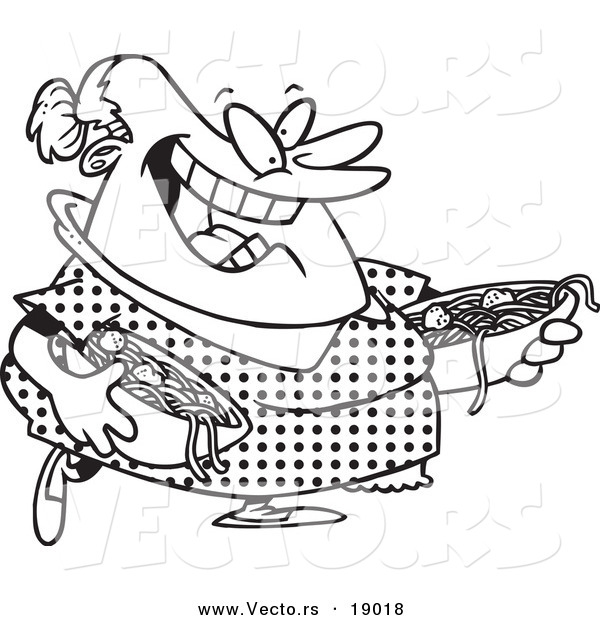 Vector of a Cartoon Happy Woman Serving Spaghetti and Meatballs - Outlined Coloring Page