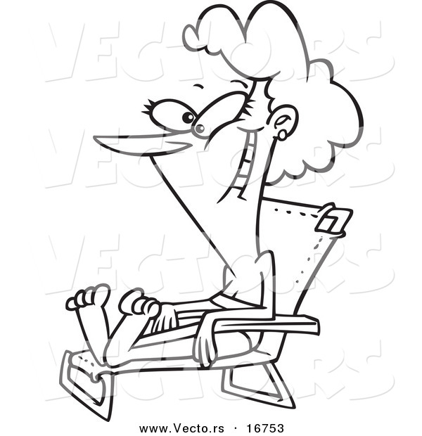 Vector of a Cartoon Happy Woman Sun Bathing in a Beach Chair - Coloring Page Outline