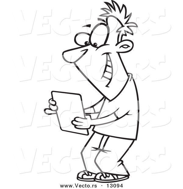 Vector of a Cartoon Happy Young Man Using a Computer Tablet - Outlined Coloring Page
