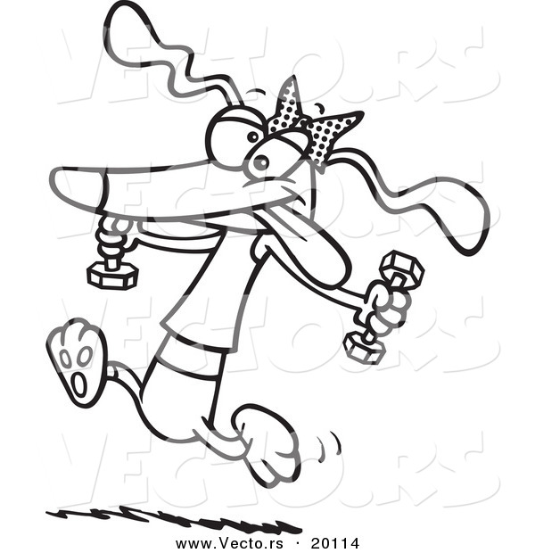 Vector of a Cartoon Healthy Dog Running with Dumbbells - Outlined Coloring Page