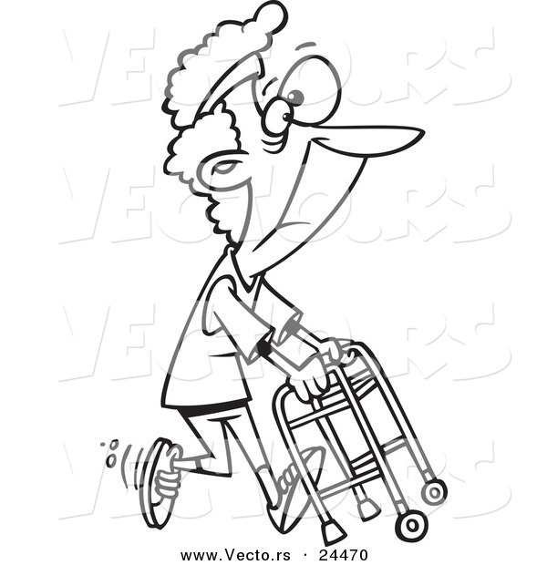 Vector of a Cartoon Healthy Granny Exercising with Her Walker - Outlined Coloring Page