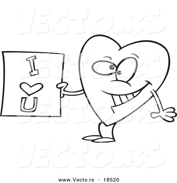 Vector of a Cartoon Heart Holding an I Love You Sign - Outlined Coloring Page