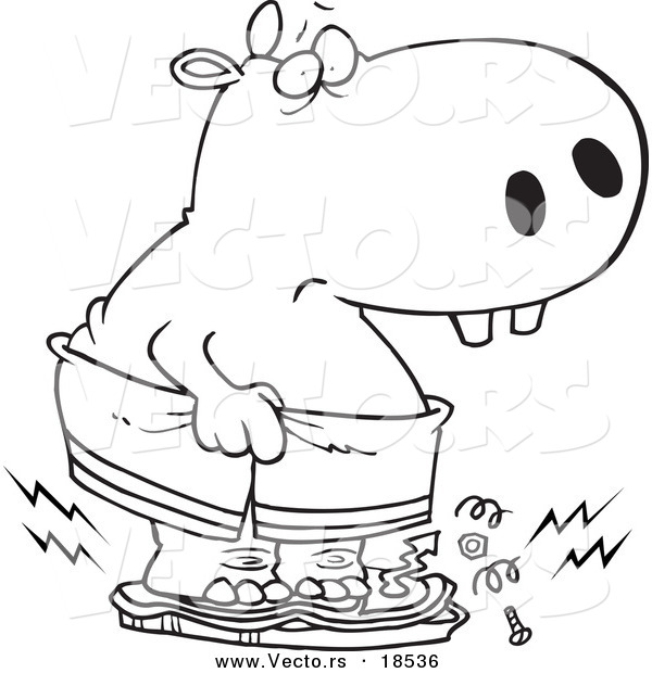 Vector of a Cartoon Heavy Hippo Crushing a Scale - Outlined Coloring Page