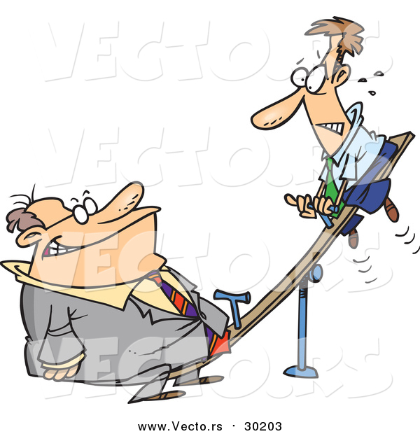 Vector of a Cartoon Heavyweight Caucasian Businessman on a See Saw with a Small Man at the Other End