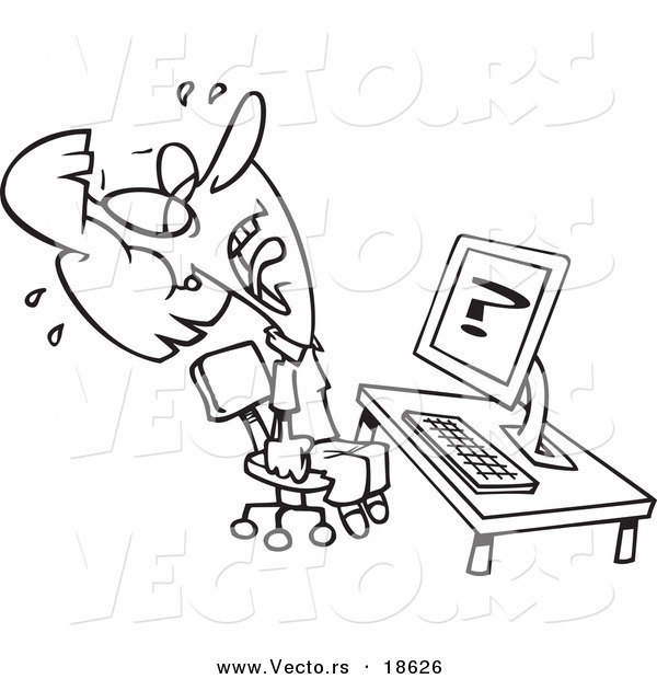 Vector of a Cartoon Helpless Woman Crying over Computer Problems - Outlined Coloring Page